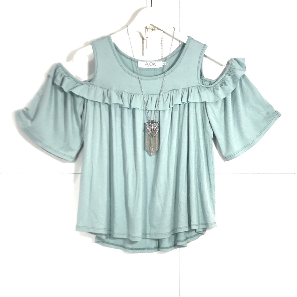 New A.OK Open Shoulder Knit Top Ruffle Detail in Blue Mint  sz M